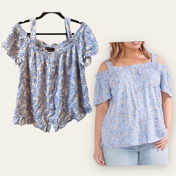 ADDITION ELLE - Off The Shoulder, Cold Shoulder, Button-Up Floral Ruffle Blouse - Picture 1 of 11
